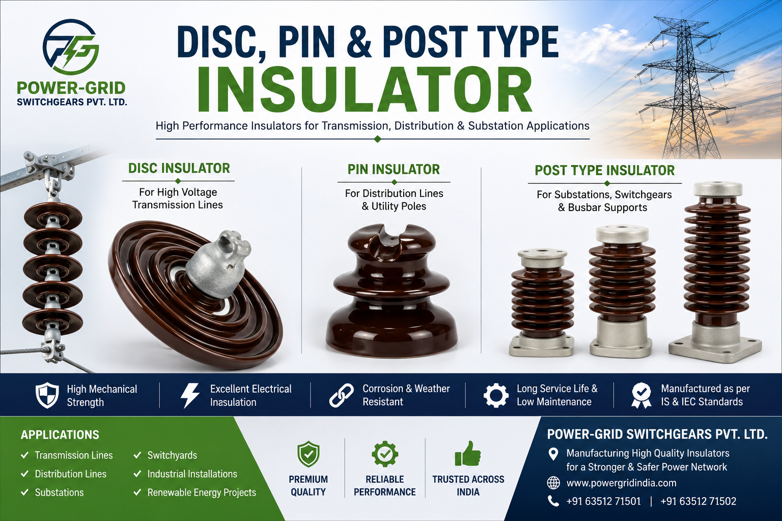 Disc, Pin and Post Type Insulator Manufacturer in India | Power-Grid Switchgears Pvt. Ltd. Disc, Pin and Post Type Insulator Manufacturer in India | High Voltage Porcelain Electrical Insulators by Power-Grid Switchgears Pvt. Ltd.