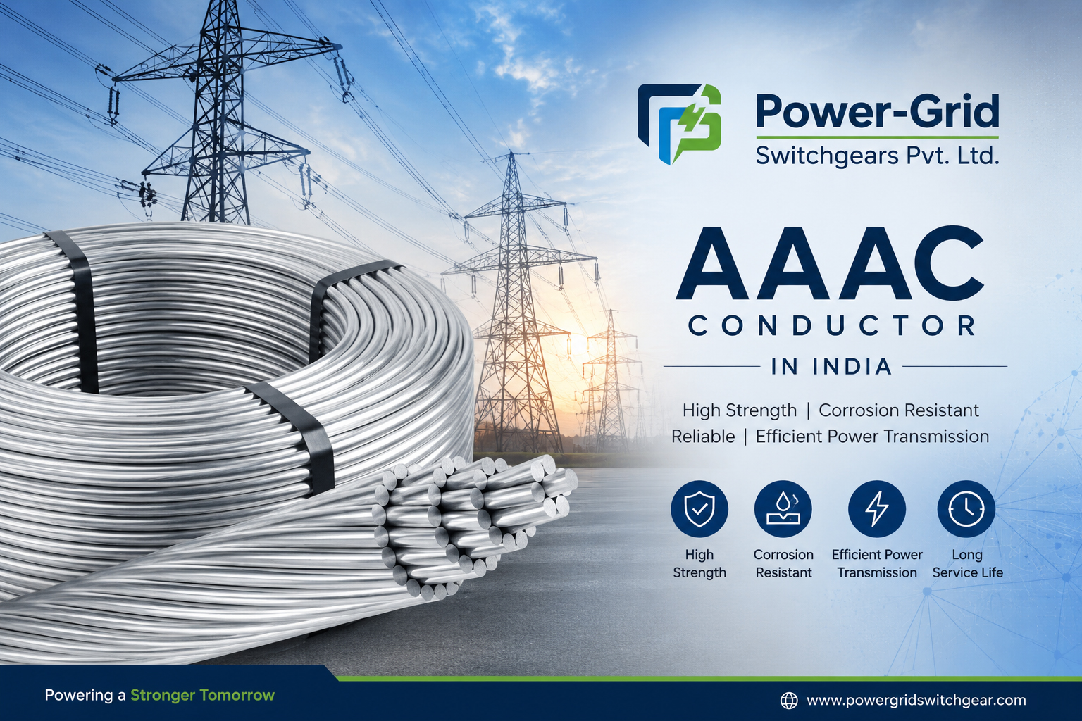 High-quality AAAC (All Aluminium Alloy Conductor) in India manufactured by Power-Grid Switchgears Pvt. Ltd. for overhead power transmission and electrical distribution networks.