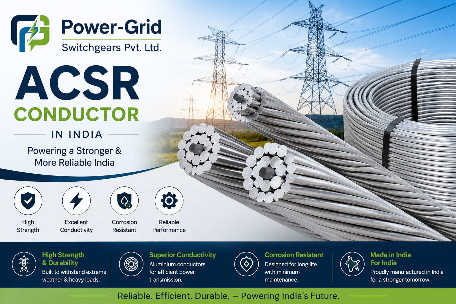 ACSR Conductor in India | Power-Grid Switchgears Pvt. Ltd. High-quality ACSR (Aluminium Conductor Steel Reinforced) conductor in India by Power-Grid Switchgears Pvt. Ltd. for overhead power transmission and electrical distribution applications.