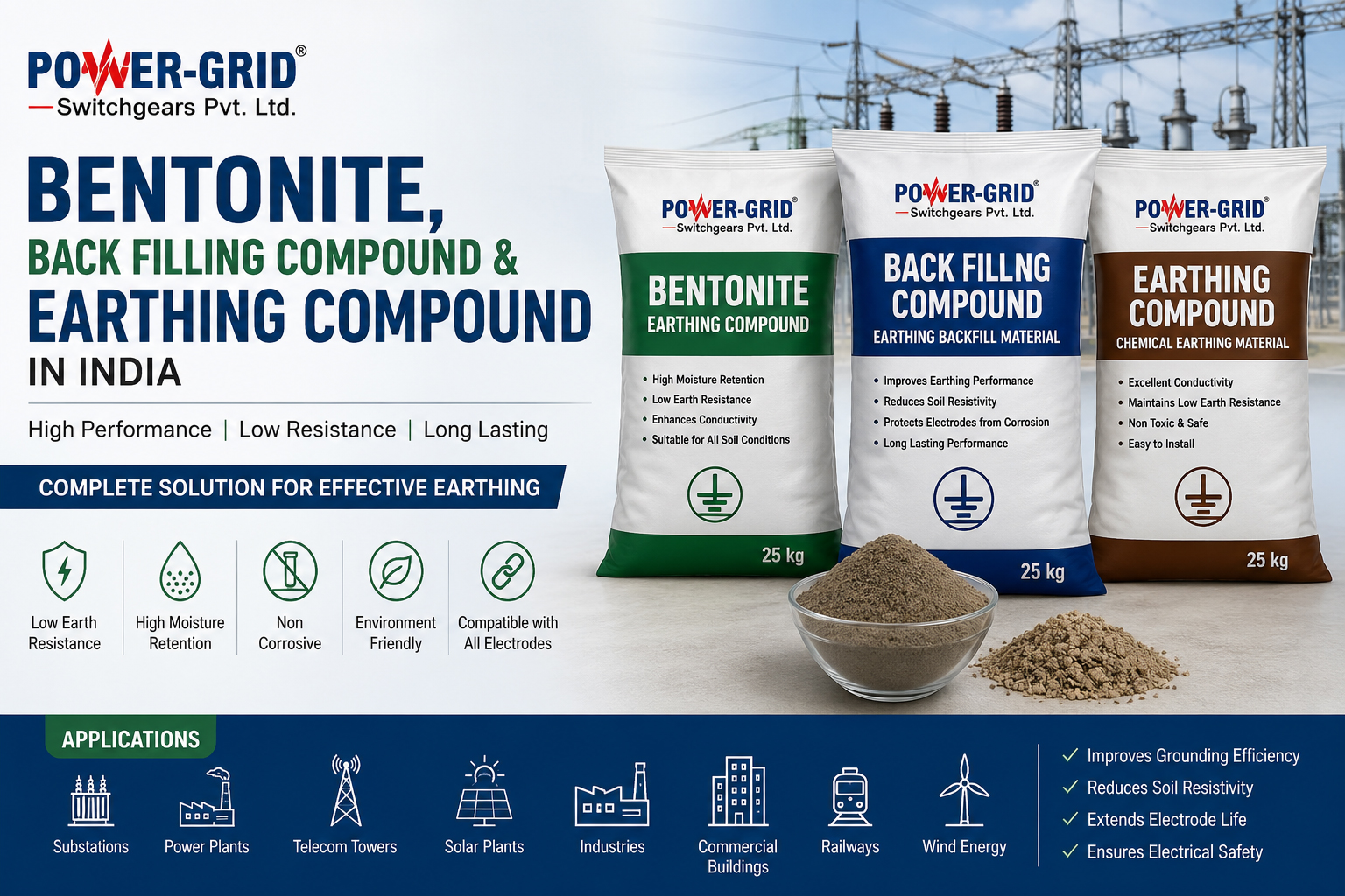 Bentonite, Back Filling Compound & Earthing Compound in India | Power-Grid Switchgears Pvt. Ltd. Bentonite, Back Filling Compound and Earthing Compound in India by Power-Grid Switchgears Pvt. Ltd. for low resistance electrical grounding and chemical earthing applications.