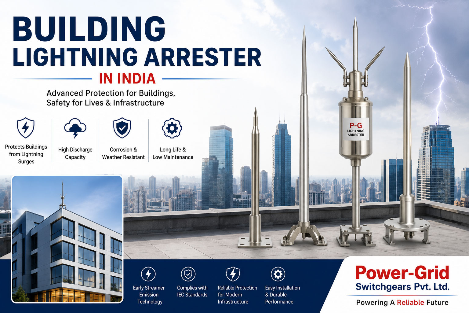 Building Lightning Arrester in India - High Quality Lightning Protection System by Power-Grid Switchgears Pvt. Ltd. Building Lightning Arrester in India - ESE Lightning Protection System Manufacturer | Power-Grid Switchgears Pvt. Ltd.