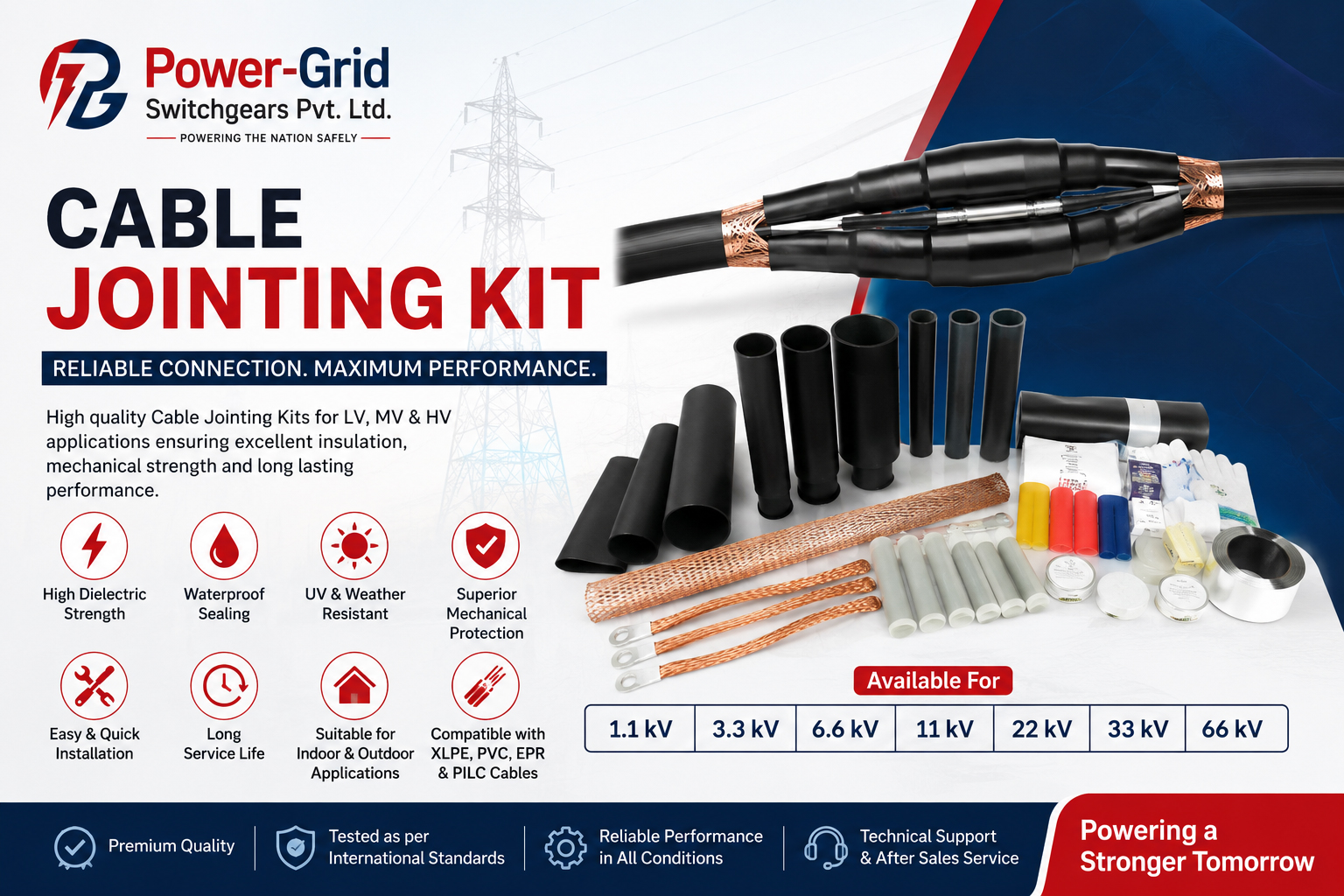 High-quality Cable Jointing Kit in India for 11kV, 22kV, and 33kV HT power cables by Power-Grid Switchgears Pvt. Ltd.