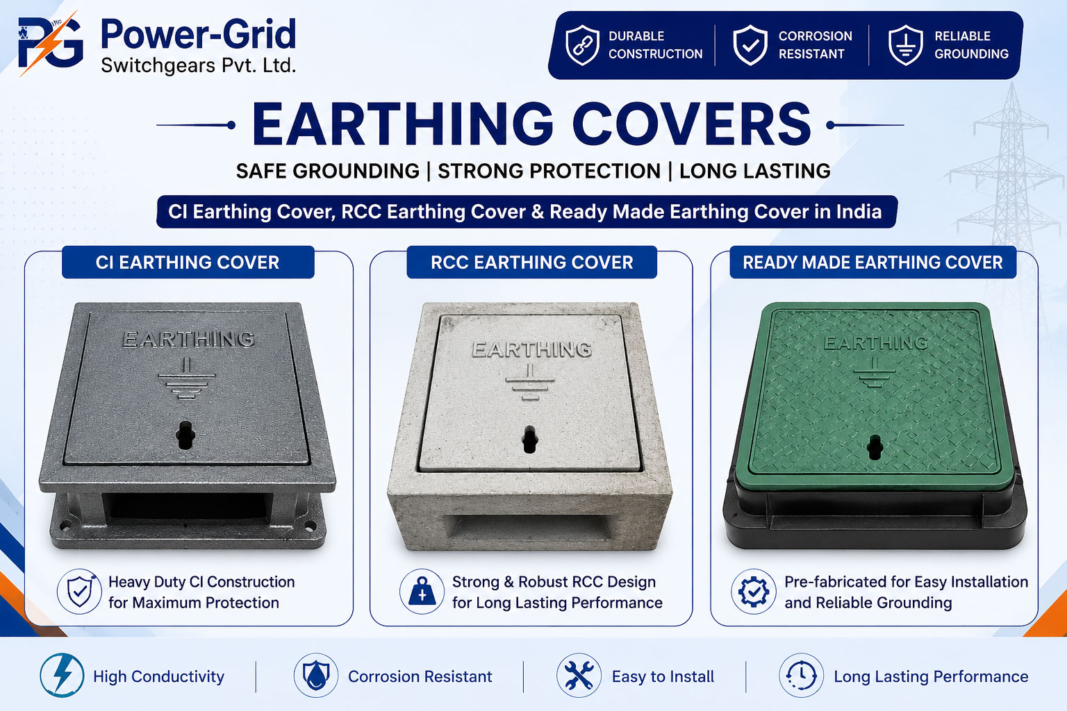 CI Earthing Cover, RCC Earthing Cover and Ready Made Earthing Cover in India | Power-Grid Switchgears Pvt. CI Earthing Cover, RCC Earthing Cover and Ready Made Earthing Cover in India by Power-Grid Switchgears Pvt. Ltd. for durable and reliable electrical earthing protection.
