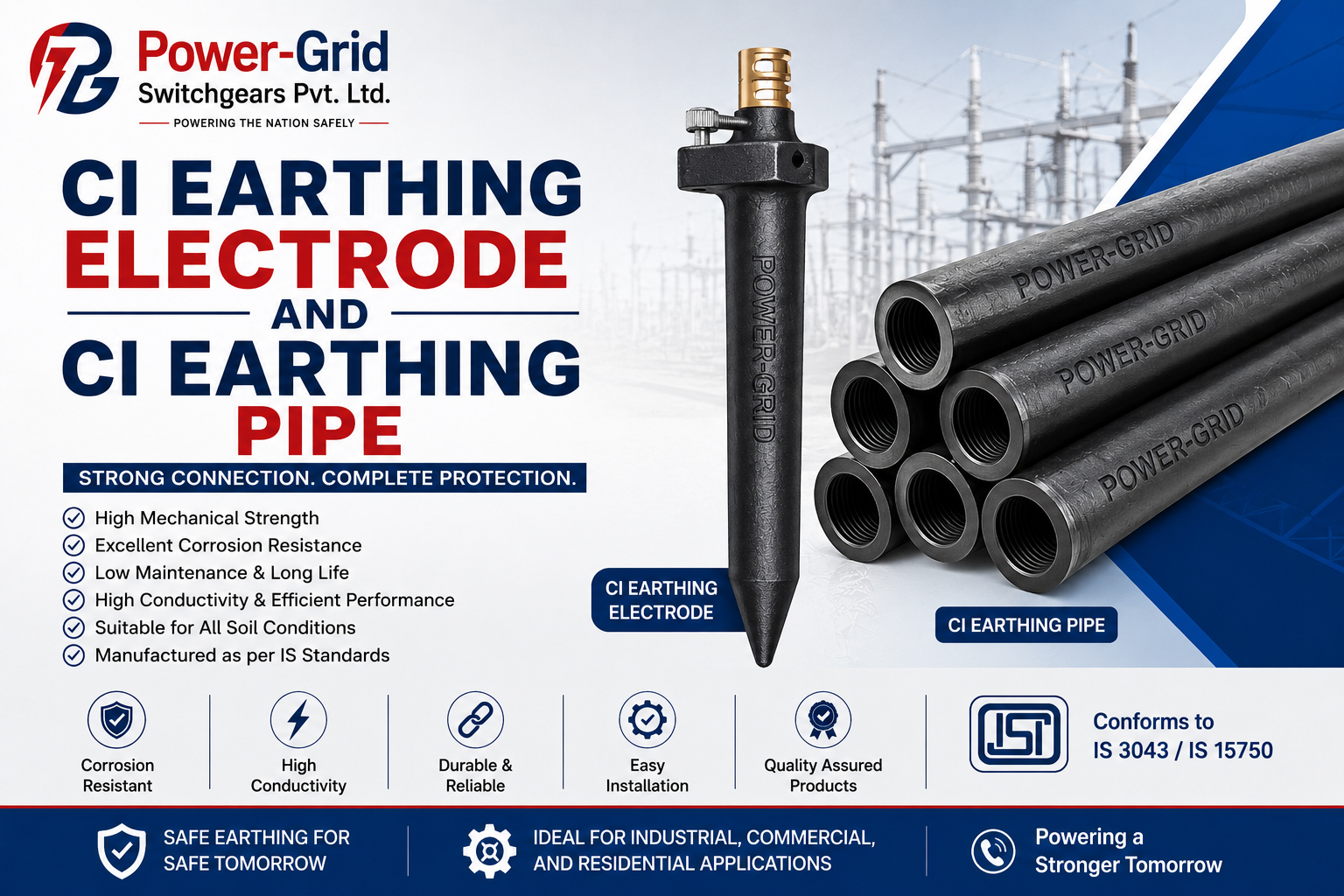 CI Earthing Electrode and CI Earthing Pipe in India manufactured by Power-Grid Switchgears Pvt. Ltd. for reliable industrial, commercial, and electrical grounding applications.