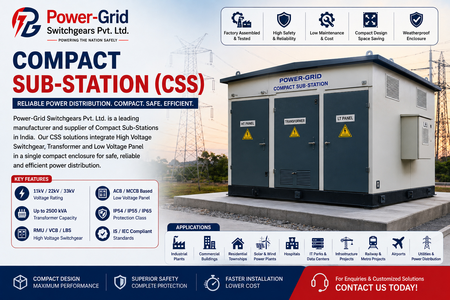 Compact Sub-Station (CSS) in India by Power-Grid Switchgears Pvt. Ltd. featuring 11kV, 22kV, and 33kV compact substation solutions for industrial and commercial power distribution.