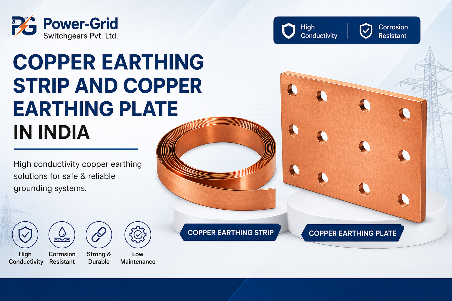 Copper Earthing Strip and Copper Earthing Plate in India by Power-Grid Switchgears Pvt. Ltd. for high conductivity and reliable electrical grounding systems.