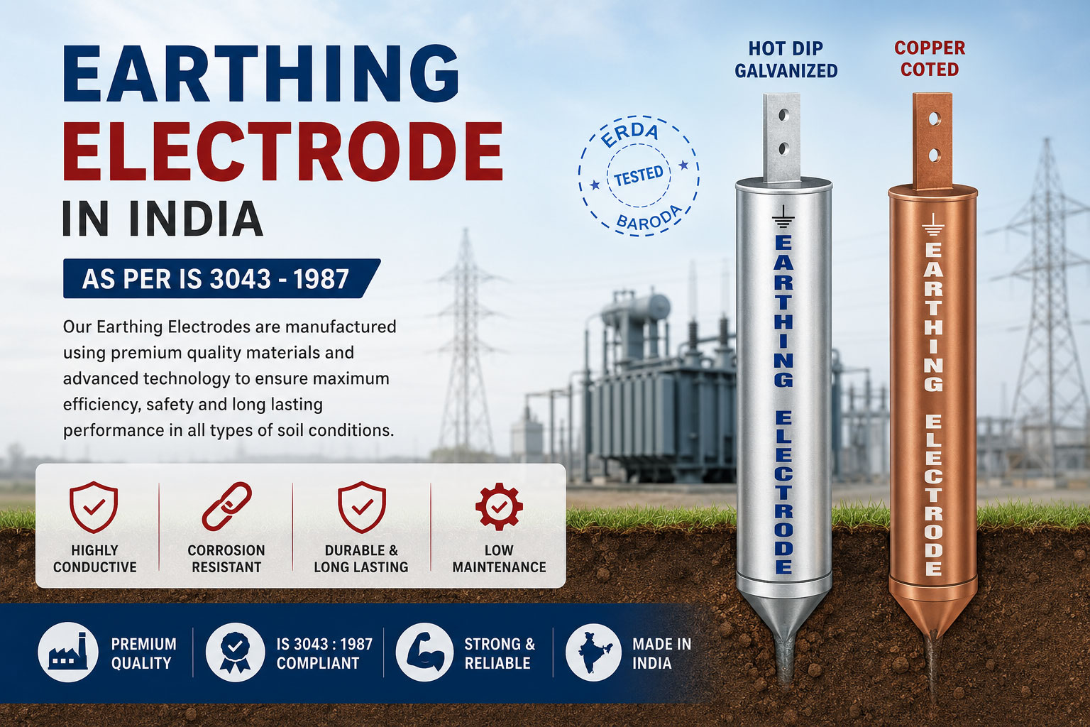 Earthing Electrode in India | Hot Dip GI & Copper Bonded Earthing Electrode | Power-Grid Switchgears Pvt. Ltd. Earthing Electrode in India – Hot Dip Galvanized and Copper Bonded Earthing Electrode Manufacturer by Power-Grid Switchgears Pvt. Ltd.
