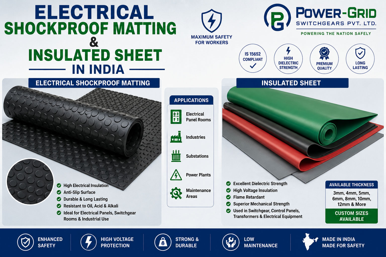Electrical Shockproof Matting and Insulated Sheet in India | Power-Grid Switchgears Pvt. Ltd. Electrical Shockproof Matting and Insulated Sheet in India manufactured by Power-Grid Switchgears Pvt. Ltd. for electrical panel rooms, substations, switchgear, transformers and industrial safety.