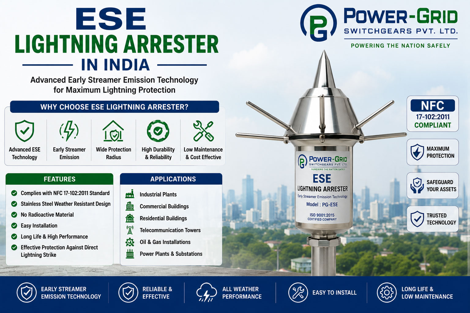 ESE Lightning Arrester in India | Early Streamer Emission Lightning Protection | Power-Grid Switchgears Pvt. Ltd. ESE Lightning Arrester in India with Early Streamer Emission Technology manufactured by Power-Grid Switchgears Pvt. Ltd. for advanced lightning protection of buildings, substations and industrial facilities.