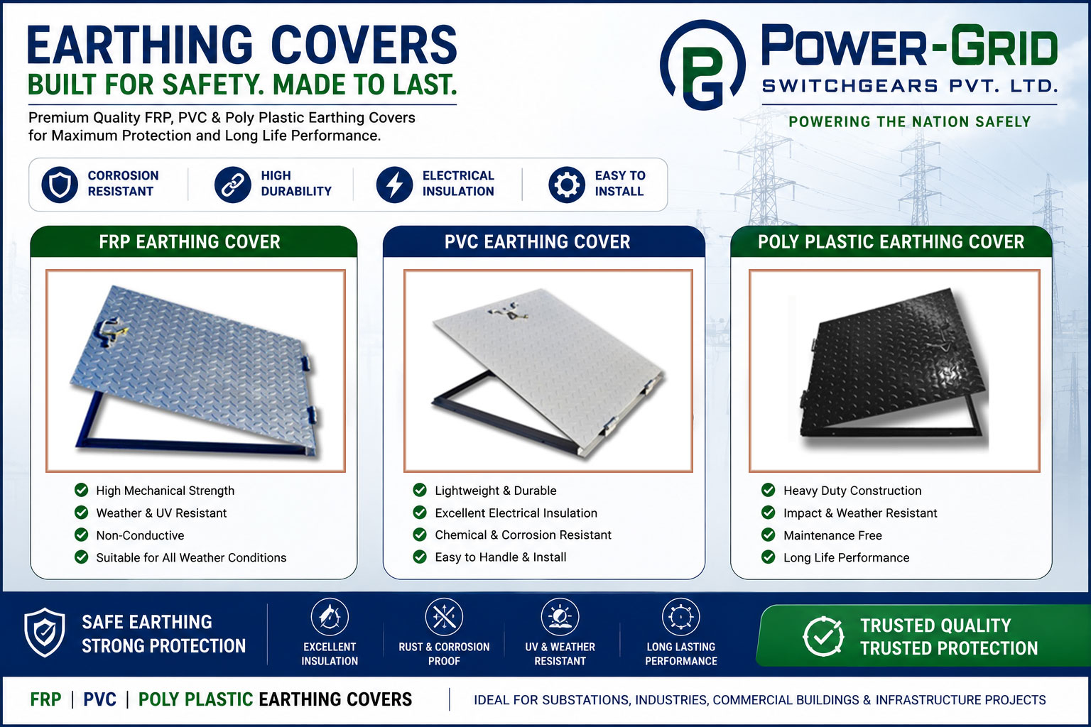 FRP Earthing Cover, PVC Earthing Cover and Poly Plastic Earthing Cover in India manufactured by Power-Grid Switchgears Pvt. Ltd. for electrical earthing pits, substations and industrial grounding applications.