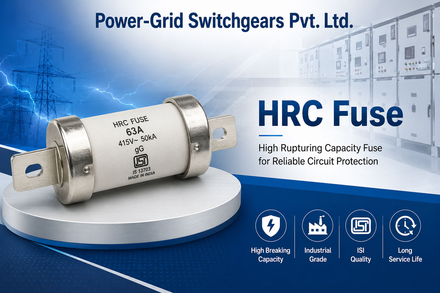 HRC Fuse in India by Power-Grid Switchgears Pvt. Ltd. featuring a high rupturing capacity industrial fuse for reliable electrical circuit protection.