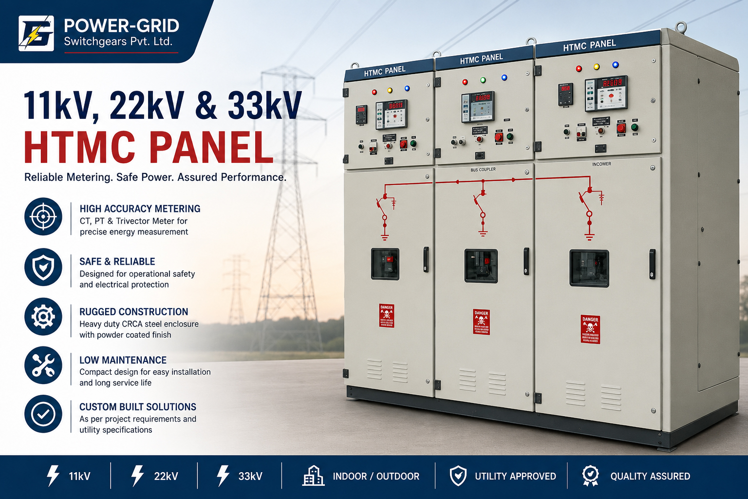 11kV, 22kV, 33kV HTMC Panel Manufacturer in India | Power-Grid Switchgears Pvt. Ltd. 1kV, 22kV, 33kV HTMC Panel in India manufactured by Power-Grid Switchgears Pvt. Ltd. for high tension electrical metering and power distribution