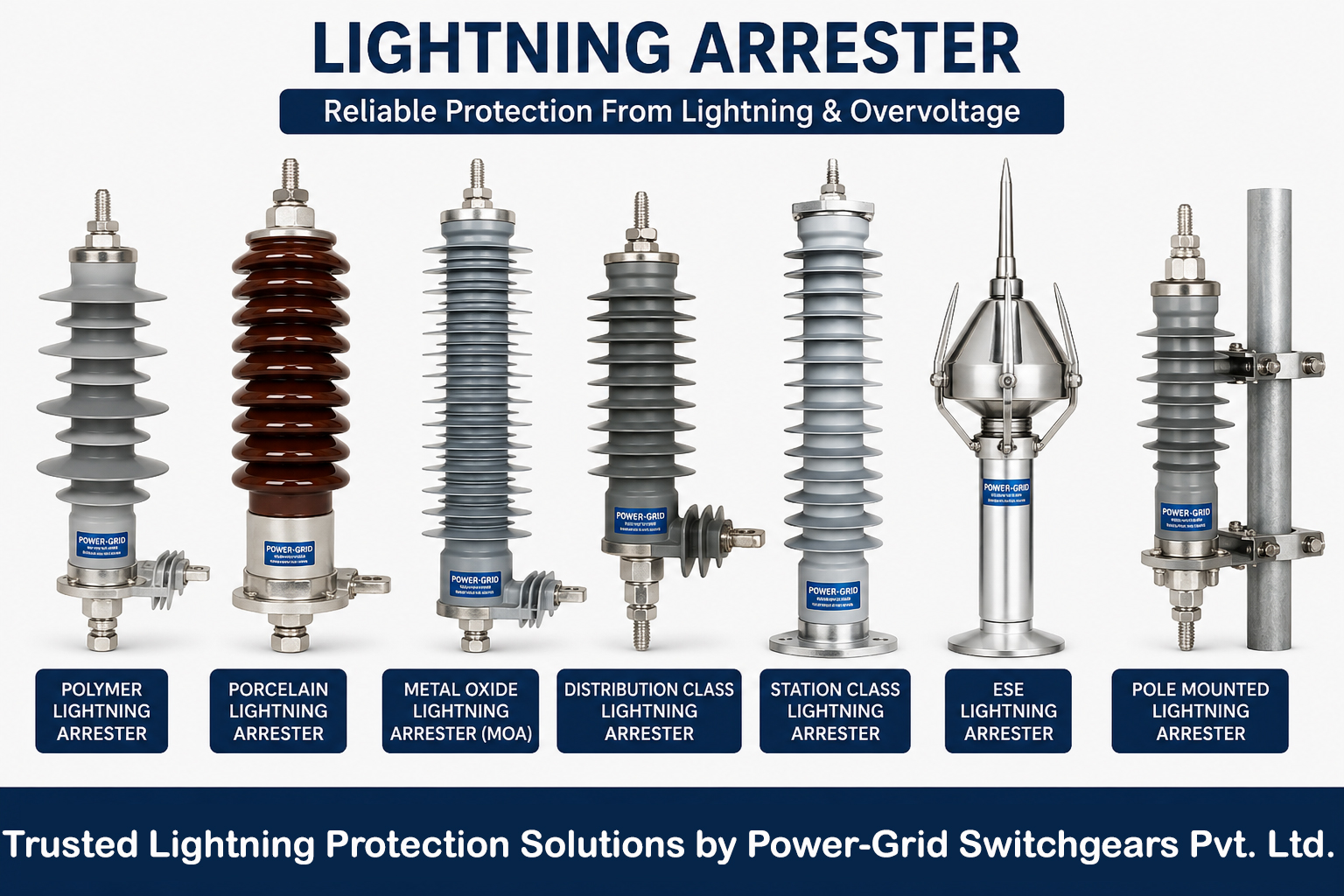 Lightning Arrester in India – Polymer, Porcelain, Metal Oxide (MOA), Distribution Class, Station Class, ESE and Pole Mounted Lightning Arrester by Power-Grid Switchgears Pvt. Ltd.