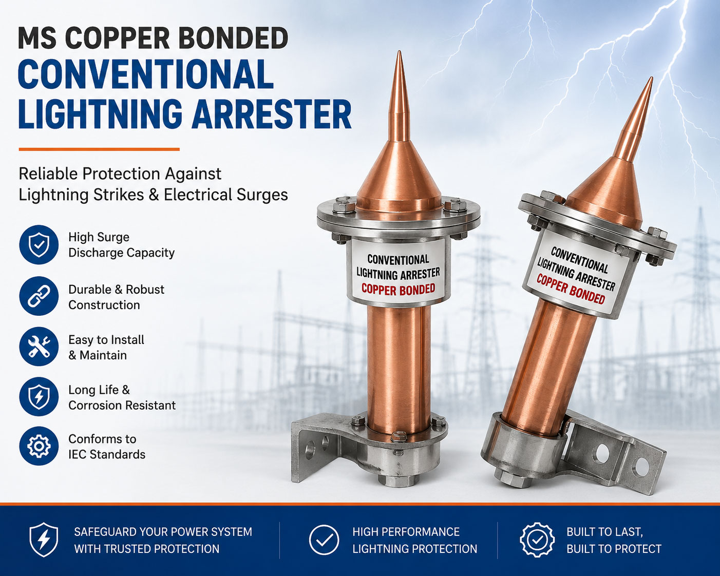 MS Copper Bonded Conventional Lightning Arrester in India | Power-Grid Switchgears Pvt. Ltd. MS Copper Bonded Conventional Lightning Arrester in India for lightning protection and earthing systems by Power-Grid Switchgears Pvt. Ltd.
