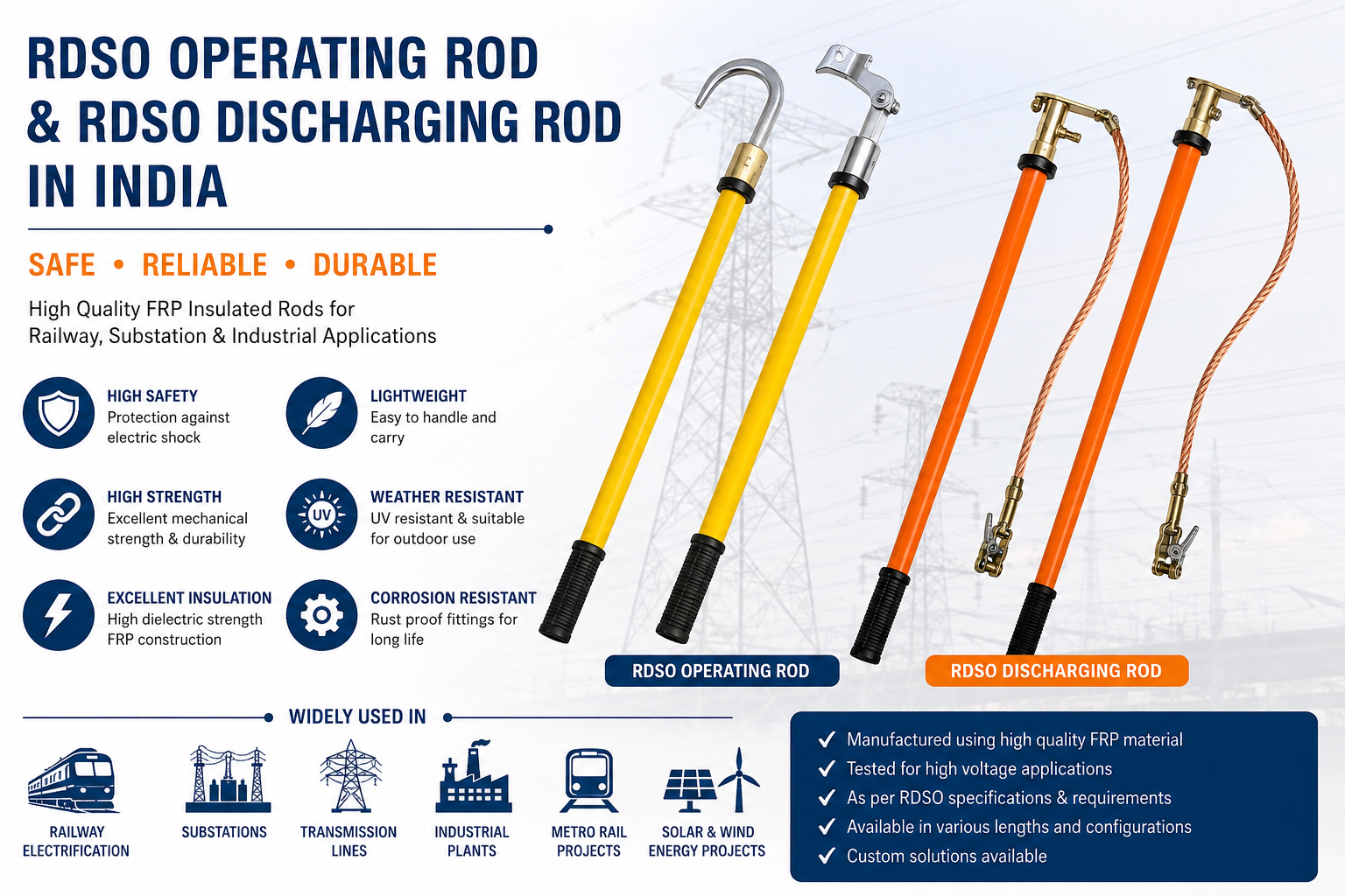 RDSO Operating Rod and RDSO Discharging Rod in India | Power-Grid Switchgears Pvt. Ltd. RDSO Operating Rod and RDSO Discharging Rod in India manufactured by Power-Grid Switchgears Pvt. Ltd. for railway electrification, substations, high-voltage transmission, and industrial electrical safety applications.