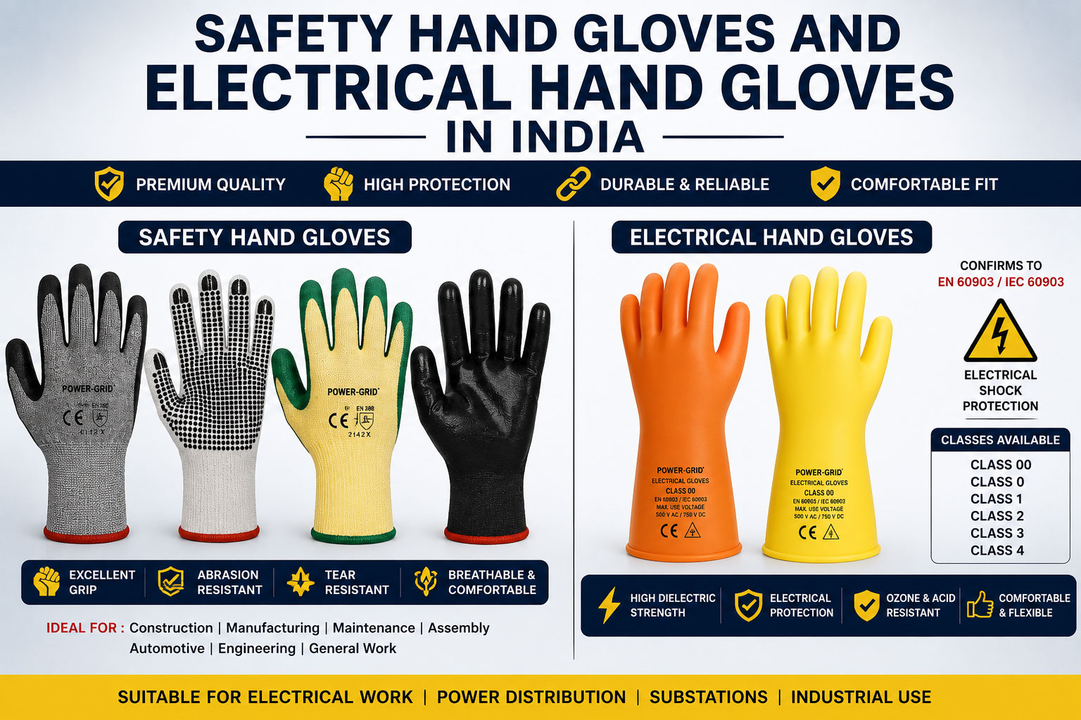 Safety Hand Gloves and Electrical Hand Gloves Manufacturer & Supplier in India | Power-Grid Switchgears Pvt. Ltd. Safety Hand Gloves and Electrical Hand Gloves in India for electrical insulation, industrial safety, maintenance, power distribution, and substation applications.