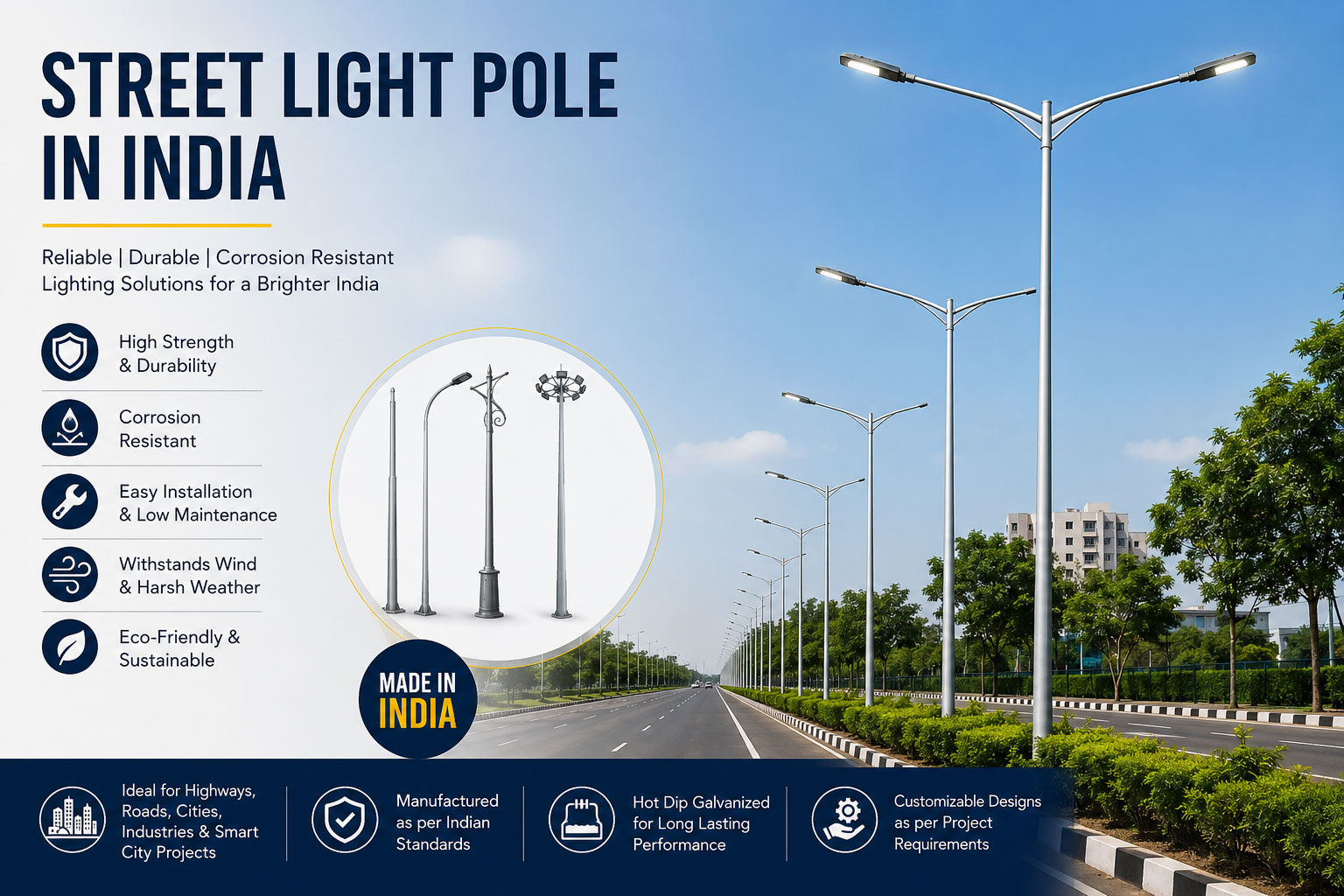 High Quality Street Light Pole in India – MS, GI Octagonal Road Lighting Pole for Smart City and Highway Use Street light pole in India made of MS and GI material for highway and urban road lighting with high durability and corrosion resistance