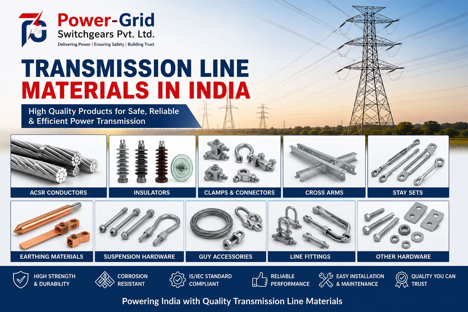 Transmission Line Materials Manufacturer & Supplier in India | Power-Grid Switchgears Pvt. Ltd. High-Quality Transmission Line Materials in India – Conductors, Insulators, Clamps & Transmission Hardware
