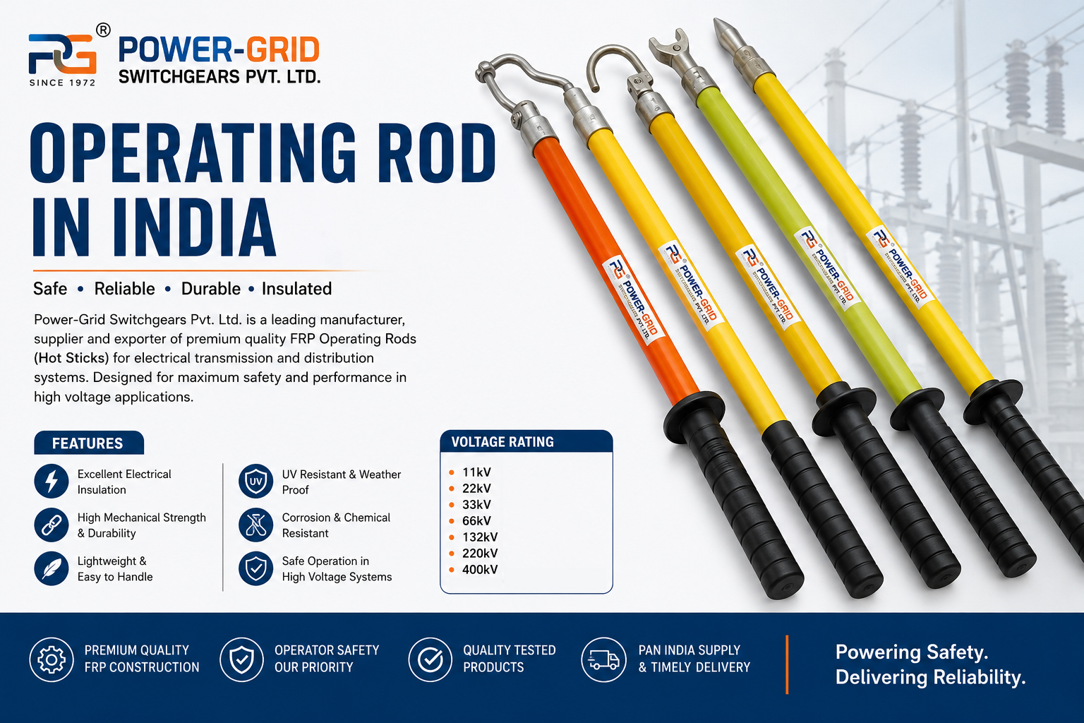 Premium FRP Operating Rod for High Voltage Electrical Applications in India | Power-Grid Switchgears Pvt. Ltd. Operating Rod in India – FRP Insulated Operating Rod Manufacturer, Supplier & Exporter | Power-Grid Switchgears Pvt. Ltd.